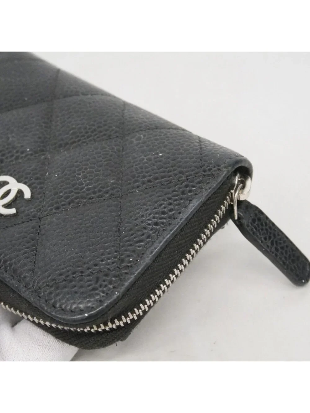 Chanel Coin Case Quilted Caviar Leather Black Silver